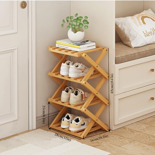 Foldable Shoe Rack, Bamboo Vertical Shoe Organizer Tall for Small Spaces. Multifunctional Narrow Shoe Shelf for Entryway, Closet, Corner, Bedroom, Hallway, Wood Color 4 Layers - color: Wood Color, size: 4 Layers
