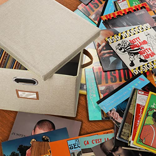 12-Inch Vinyl Record Storage Boxes with Lids and Handles, Stylish and Practical LP Record Organizer for 100+ Single Records, Suitable for Living Room, Study, Concert Hall or Office, 2-Pack(Beige) - color: Beige, size: 12 inch-2 Pack