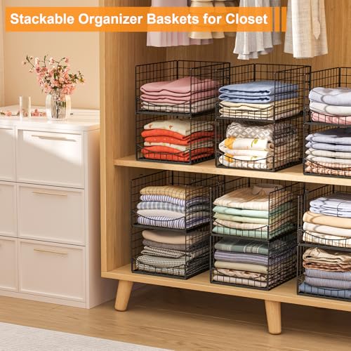 Hongtamoya 4-Tier Stackable Closet Organizers and Storage Shelves, Clothes Storage Basket, Clothes Shelf Organizer Sweater Organizer Bins Container for Wardrobe Kitchen Bathroom Office, Black - color: Black, size: 15.9"D x 12"W x 35.3"H | Stackable
