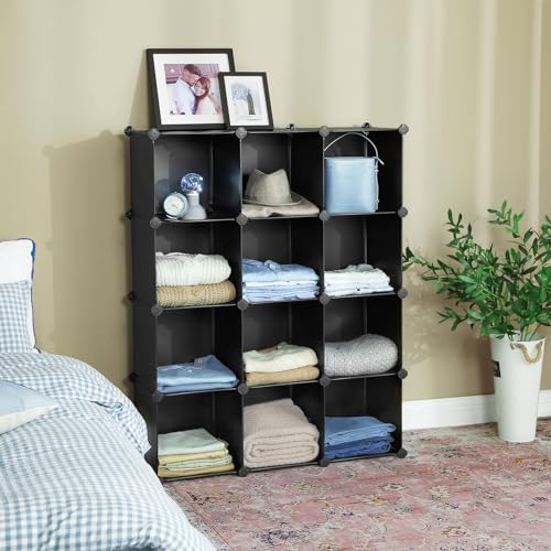 SONGMICS Cube Storage Organizer, Set of 12 Plastic Cubes, Book Shelf, Closet Organizers and Storage, Room Organization, Bedroom Living Room, 12.2 x 36.6 x 48.4 Inches, Black ULPC34BK - color: Black, size: 12 Cubes, style: without doors