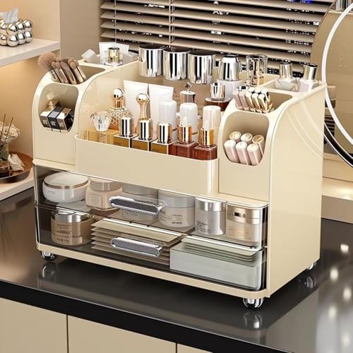 Makeup Organizer with Drawers for Vanity,Bathroom Countertop Organizer with Brushes Holder,Skincare Storage Organizer,Perfect Cosmetic Display Case for Skincare,Lipstick and Beauty Essential (Cream) - color: Cream