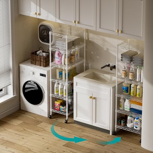 SINGAYE 6 Small Shelf Storage Wire Shelves Closet Bathroom Organizers Metal Pantry Kitchen Garage Shelving Unit Laundry Room Organization Home Narrow Rack Net Basket with Wheels White - color: White, size: 6Tier/11.5"D X 17.5"W X 61.5"H