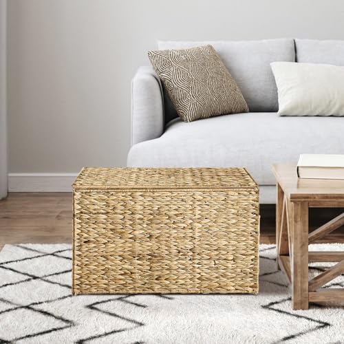 Water Hyacinth Storage Basket with Lid, 27.7 Gallon (105L) Blanket Storage Basket with Handles, Woven Storage Bin, Foldable, Metal Frame, for Bedroom, Laundry Room, Natural - color: Natural, size: 105 L:15.7 x 26 x 15.7 Inches