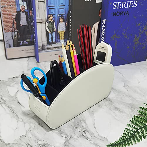 Remote Control Holder Organizer Desk Leather Cases Control Storage TV Remote Control Organizer with 5 Spacious Compartments (White with Metal Bottom) - color: White with Metal Bottom