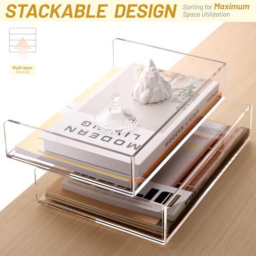 SANRUI Acrylic Paper Tray Organizer for Desk,Desk Organizers and Accessories,2 Pack Stackable Paper Organizer for Letter,Documents,Books,Magazines Crystal-Clear File Organizer - style: A4 Horizontal File Trays 2 Tier