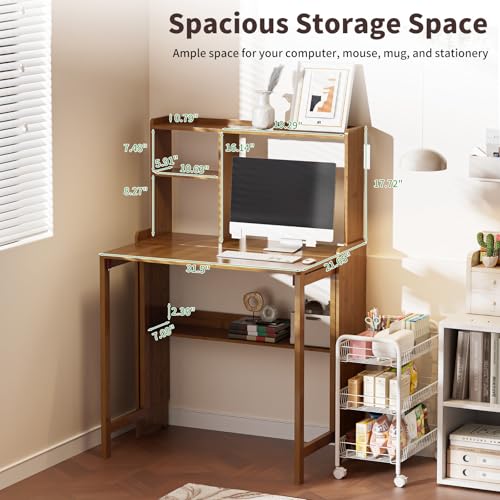 Bamboo Folding Desk for Small Spaces with Storage, Mid Century Foldable Desk with Bookshelf, Small Desks with Storage for Home Office Bedroom, Brown - color: Brown, size: 21.65"D x 40.55"W x 29.92"H
