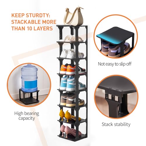 5 Tiers Shoe Rack Organizer for Closet Shoe Holder Storage Narrow Plastic Vertical, Free Standing Shoe Rack Shelf for Entryway Stackable Stability DIY, Black - color: Black