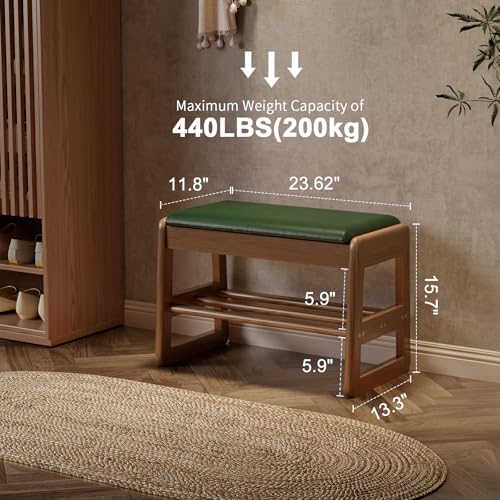 AQIMUELE Shoe Rack Bench,2 Tiers Shoe Bench with Storage with Flip-Top,Wood Shoe Rack for Entryway,Hallway（Green Upholstered Seat,11.8" D x 23.62" W x 15.7" H - color: Green Upholstered Seat, size: 11.8"D x 23.62"W x 15.7"H