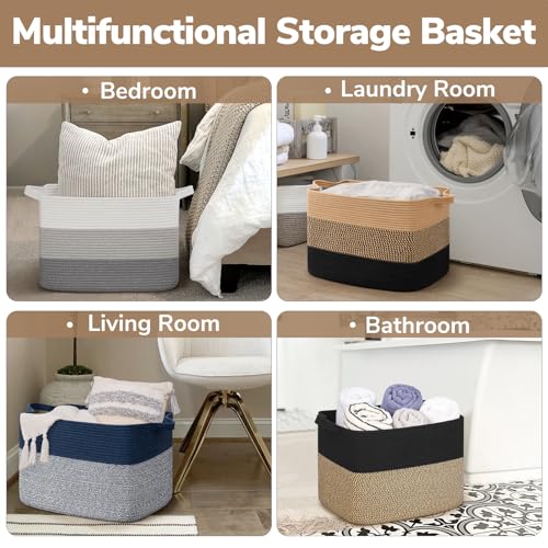 Goodpick Large Woven Basket 18" x 14" x 12" Cotton Rope Storage Baskets for Organizing, Rectangle Wicker Laundry Basket with Handles, Toy Baskets for Kids, Black & Jute - color: Gradient Black, size: 18"L x 14"W x 12"H
