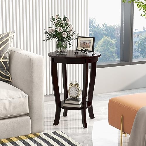 GOFLAME 2-Tier Round End Table, 18” Sofa Side Table with Storage Shelf, Floor Tea Table with Solid Wood Legs, Compact Nightstand for Small Space, Living Room, Bedroom, Espresso - color: Espresso