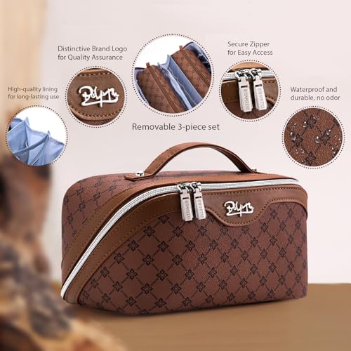BOYATU Travel Makeup Bag Cosmetic Bags for Women: 3 Pcs Set Large Capacity Make up Bag with Handle - Vegan Leather Toiletry Bags with Compartments - Makeup Organizer for Travel Essentials(A-6-Brown) - color: A-6-Brown
