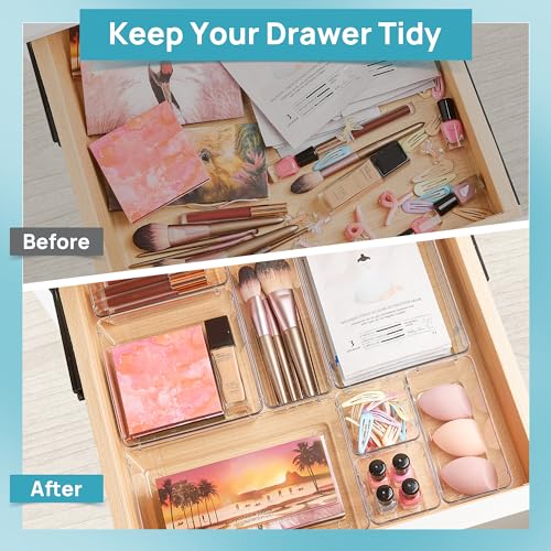 Vtopmart 44 PCS Clear Plastic Drawer Organizers Set, 4-Size Versatile Bathroom and Vanity Organizer Trays, Non-Slip Storage Containers for Makeup, Jewelries, Bedroom，Kitchen Utensils and Office - color: Clear
