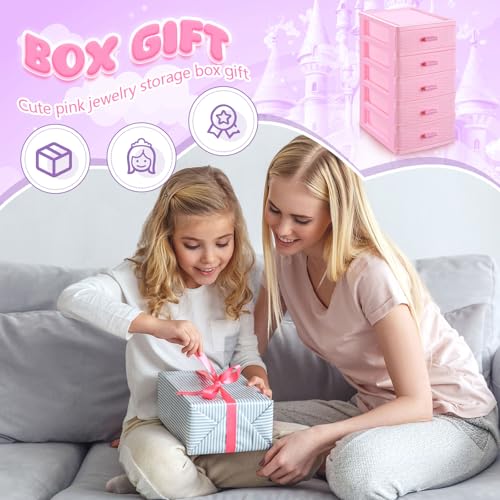 Threehoney Pink Plastic Storage Drawers Desktop Storage Box Mini Drawer Organizer Necklace Jewelry Storage Case Cute Plastic Dresser for Girls Bathroom, Dorm, Desk, Home, 5 Layers