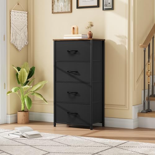 DWVO Dresser with 4 Drawers - Fabric Storage Tower, Organizer Unit for Room, Living Room, Hallway, Closets - color: Black and Rustic Brown, style: 4-Drawer