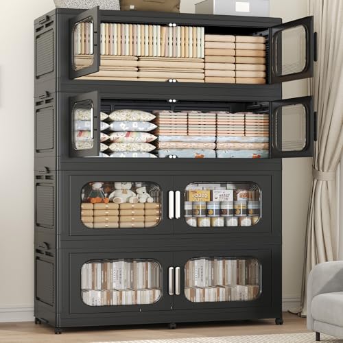 200Gal Extra Large Stackable Storage Bins with Lid & Wheels & Doors, 200QT/50GAL 4-Tiers Collapsible Closet Organizers Plastic Containers Drawers Boxes for Home Kitchen Bedroom, Black - color: Black, size: 50Gal-4Pack