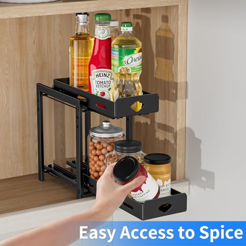 BOIVSHI Pull Out Spice Rack Organizer, 2-Tier Vertical Spice Rack, Height Adjustable for Kitchen Cabinet (5.3''Wx10.8''Dx9.2''H, Metal Black) - size: 5.3''Wx10.8''Dx9.2''H,2 Tier