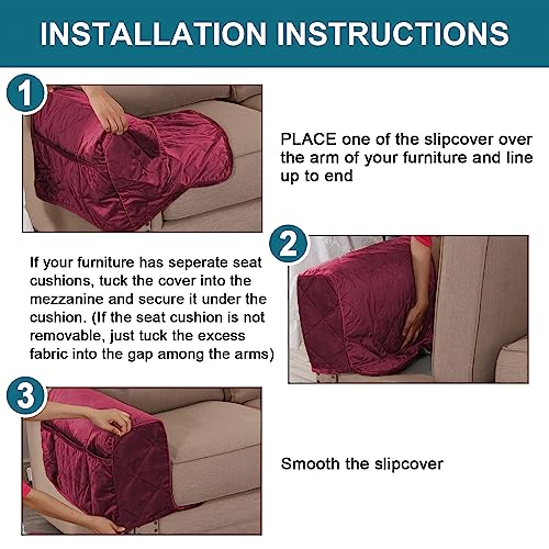 Velvet Quilted Armrest Covers - Water-Resistant Sofa Arm Protectors Set of 2 with Side Pocket Organizer, Non-Slip Furniture Covers for Chairs & Couches (Burgundy) - color: Burgundy
