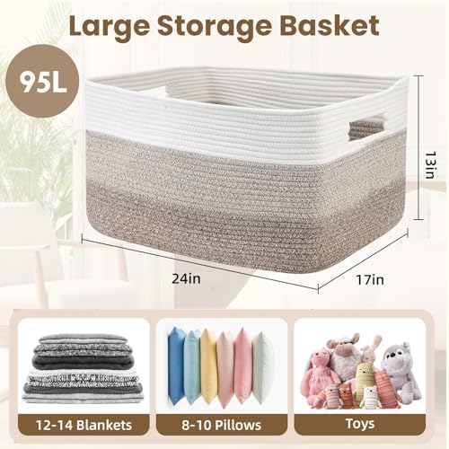 Optish 95L Blanket Basket, Large Woven Baskets for Storage, Blanket Storage for Living Room, Rope Basket with Handles for Bedroom, Nursery, Toys, Clothes, 24” x 17” x 13.5”, White & Brown - color: White & Mix Brown, size: 24" x 17" x 13.5"(95L)