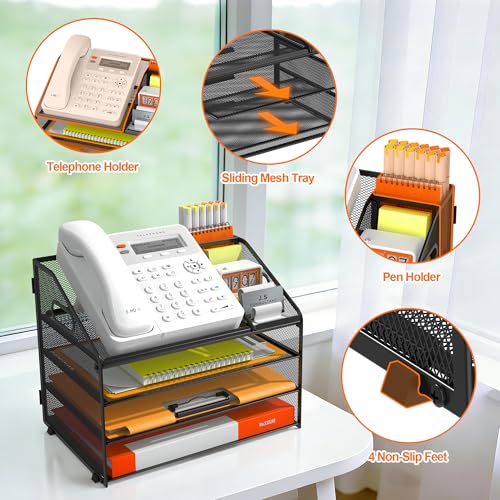 DocNest 4 Tier Metal Mesh Letter Tray - Space Saving Desk File Organizer with Handle, Pen Holder & Folder Holder - Desktop Document Sorter for Office, Home, School, Classroom - Black - color: Black, size: 12.6" x 9.1" x 10.3"