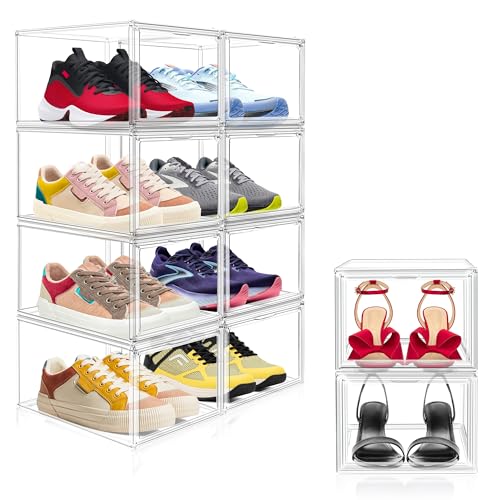 2 Pack Drop Front Acrylic Shoe Boxes with Magnetic Door Fit US Size 12, Clear Stackable Shoe Organizer for Closet, Entryway, Underbed, Multiple Display Cases for Hats, Figures, Sneakers - size: Medium Size 12