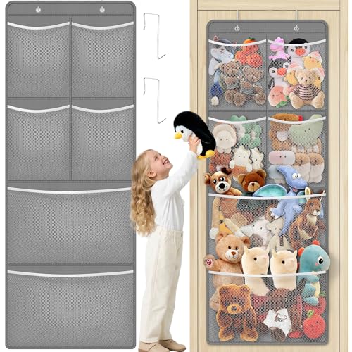 SpaceHacks Stuffed Animal Storage - Large Over the Door Organizer with 6 Expandable Mesh Pockets & Metal Hooks, Non-Woven Fabric Hanging Plush Items Holder for Nursery, Bedroom, Playroom (Gray) - color: Grey