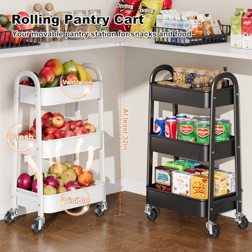 3 Tier Black Rolling Cart Metal with Wheels, Basket, Cups & Hooks, Three Tier Utility Carts on Wheels, Can Organizer for Pantry Floor, Kitchen Storage Rack, Snack Shelf Carts, Vianderos para Cocina - color: Black, size: 3 Tier+Cups+Hooks