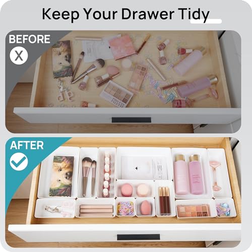 Vtopmart 44 PCS Plastic Drawer Organizers Set, 4-Size Versatile Bathroom and Vanity Organizer Trays, Non-Slip Storage Containers for Makeup, Jewelries, Bedroom，Kitchen Utensils and Office, White - color: White