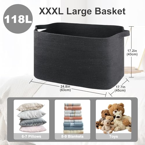 OIASKET 118L Extra Large Blanket Basket, 24.8" x 17.7" x 17.2" Woven Storage Basket for Living Room, Rectangle Nursery Blanket Storage for Toys, Towels, Dirty Clothes (Black) - color: Black, size: 24.8"x17.7"x16.2"