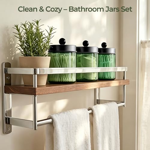 Amolliar 4 Pack Apothecary Jars Bathroom Vanity Storage Organizer Set -Countertop Canister with Stainless Steel Lids &Stickers Qtip Dispenser Holder for Cotton Swab (Green-black Lid) - color: Green-Black Lid