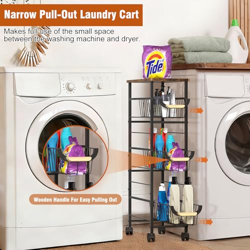 4-Tier Slim Rolling Cart with Pull-Out Baskets & Wooden Top Narrow Mobile Storage Organizer, Multipurpose Utility Cart with Handle for Small Spaces, Kitchen, Bathroom, Laundry Room, Office, Brown