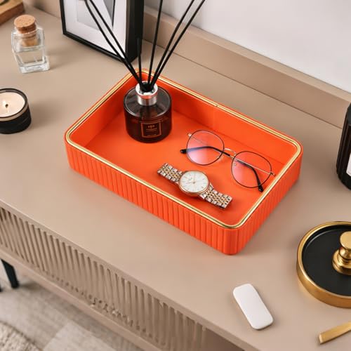 PU Leather Valet Tray,Desk Organizer Tray Nightstand Organizer Trinket Dish Storage Key Bowl Decorative Trays for Phone Wallet Jewelry Watch Bathroom Bedroom Perfume Vanity Trays,Orange - color: Orange