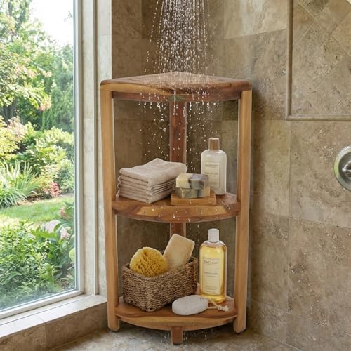EcoDecors SnazzyCorner Natural Teak Corner Shower 3 Tier Shelf – Bathroom Organizer | Natural Wood Colors | Waterproof Teak Shower Caddy | Bathroom Storage & Organization | 33 Inches Tall - size: 3 tier - Tall