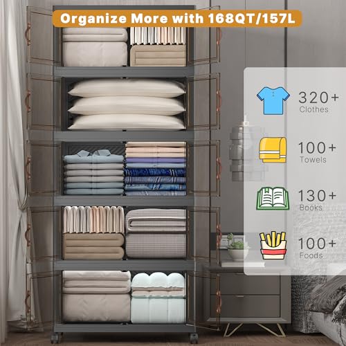 UAMFURI Extra Large Stackable Storage Bins with Lids & Wheels, Foldable Plastic Storage Bins (1, Black, 30"×20"×80"，840QT) - color: Black, size: 5PACK-30"W20"D80"H