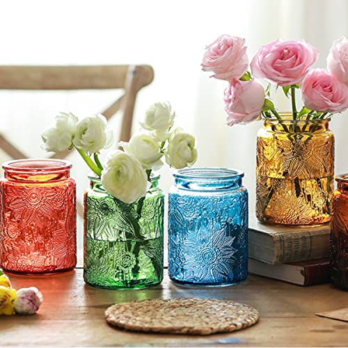 ANSQU Set of 4 Vintage Glass Storage Jars, 23.7oz Glass Coffee Canisters Decoraitve Mason Jars Sugar Containers with Airtight Wooden Lids for Kitchen Pantry, Cookie Jars (Sunflower) - color: 4 color, size: 23.7 Ounces
