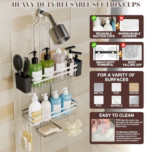 Shower Caddy Hanging for Bathroom Organizers and Storage, 3 Tier Adjustable Anti-Swing Shower Organizer Hanging with Heavy-Duty Suction Cups, Damage-Free Rustproof (Chrome) - color: CHROME, size: regular