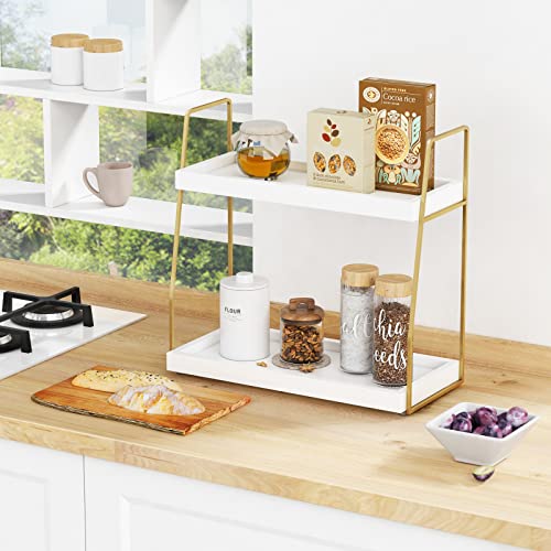 Forbena Bathroom Organizer Countertop, Counter Organizer for Bathroom Decor, Wooden Sink Shelf for Vanity Storage, Makeup Tray for Perfume Skincare Bedroom Kitchen Corner (2 Tier, White and Gold) - color: White-gold