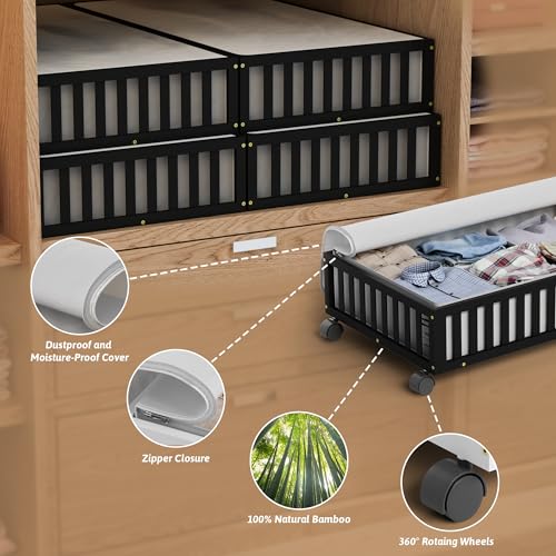 Bamboo Under Bed Storage Containers with Wheels, 2 Pack Large Under the Bed Shoe Storage Bins, Wood Rolling Underbed Drawers Organizer for Bedroom Closet Clothes Blanket Under Crib Toy Black - color: Black, size: 2 PCS (33.07"×16.54")