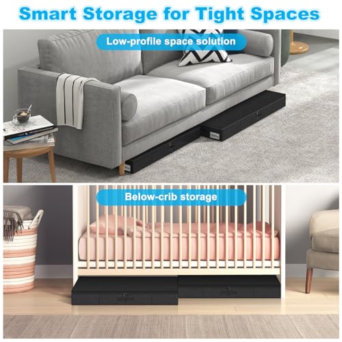 Under Bed Storage Container Bins 2 Pack, 4.5 Inch Slim Low Profile Underbed Clothes Storage Organizer for Dorm & Home, Use for Blanket and Toy Storage Box W/ Sturdy Bottom/Sides, Foldable Thick Fabric - color: Black-2 Pack, size: 4.5in-Slim