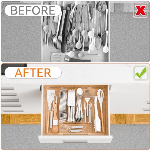 Yieach Clear Expandable Silverware Drawer Organizer,9.4-15.6In Adjustable Silverware Tray for Drawer,Acrylic Kitchen Utensil Drawer Organizer for Cutlery,Flatware Organizers and Fork and Spoon Holder - size: M - 9.4 to 15.6