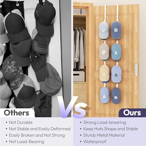 SWTYMIKI Over Door Hat Rack - 2 Packs Metal Hanging Hat Organizer with 8 Hooks Design, Baseball Cap Hanger Organizer Storage Holds up to 40 Caps for Door, Bedroom, Closet - color: White, size: 2 Pack