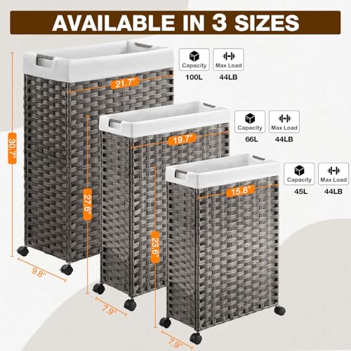 Greenstell Laundry Hamper with Wheels, 11.9 Gallon (45L) Small Clothes Hamper with 2 Removable Liner Bags & 2 Mesh Bags, Slim Rattan Laundry Basket for Bathroom, Bedroom, Grey - color: Grey, size: 45L (15.8 x 7.9 x 23.6 inches)