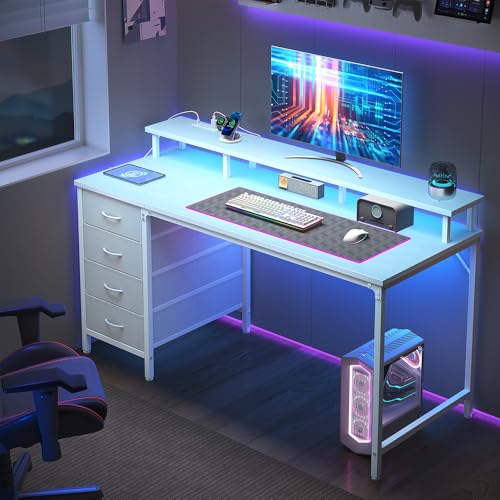 DUMOS Computer Desk with 4 Drawers,4 Drawer Gaming Desk with Power Outlets and LED Lights,Office Desk for Small Spaces with Monitor Shelf,Writing Desk for Home Office, Bedroom,Study 45 Inch White - color: White, size: 47-In