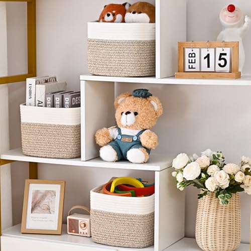 3 Pack Cube Storage Bin, 9”x9”x7” Cotton Rope Woven Baskets for Organizing Toys Clothes Towels, Square Gift Storage Baskets for Shelves, Nursery, Closet, Bathroom, Pantry (White & Jute) - color: White & Jute, size: 9" x 9" x 7"
