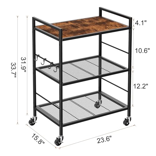 3-Tier Metal Storage Rack with Industrial Wheels,Mesh Shelving Unit with Wooden Table top,Adjustable Shelf,23.6-Inch Width,15.8-Inch Depth, for Kitchen, Laundry,Pantry,Plant,Black - color: Brown Panel, size: 3 Tier (23.6"W x 15.8"D)