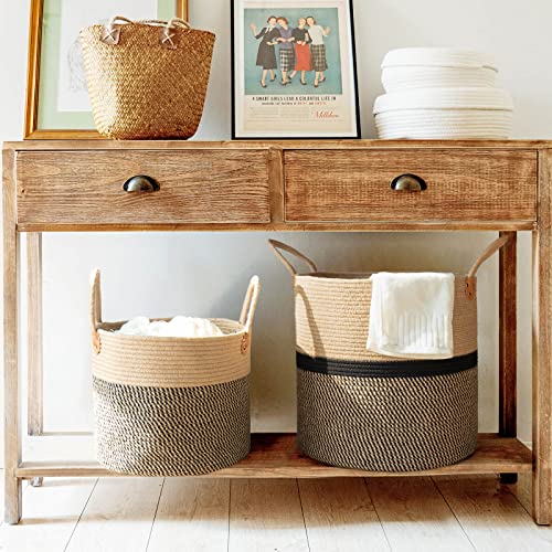 CHICVITA Extra Large Jute Woven Storage Basket with Handles – Laundry Basket Toy Towels Blanket Basket Home Decor Gift, 16" x 16", Black - color: Black, size: 16"W x 16"H