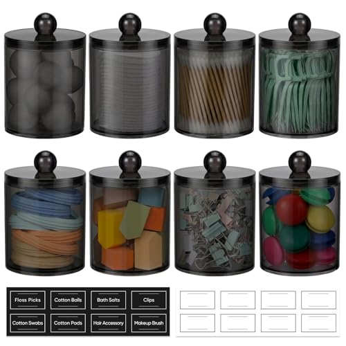 8 Pack Acrylic Qtip Holder Dispenser for Cotton Swabs, Balls, Pads, Floss Picks- Clear Plastic Canister Apothecary Jar Set, Bathroom Essentials Accessories Decor Vanity Makeup Storage Organizer -Black - color: Black, size: 8 Pack