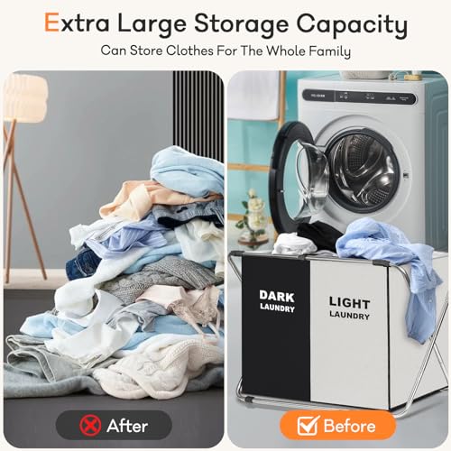 Laundry Cloth Hamper Sorter Basket Bin Foldable 2 Sections with stainless steel Frame Washing Storage Dirty Clothes Bag for Bathroom Bedroom Home Storage Basket (Black+white, 2 Sections) - color: Black+white, size: 2 Sections