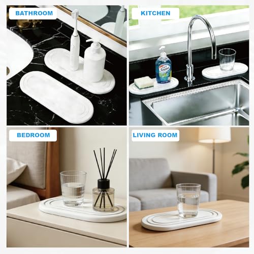 2PCS Water Absorbing Stone Tray, Quick Drying Diatomite Bathroom Tray, Drying Stone for Kitchen Counter, Soap Dish Dispenser Vanity Organizer