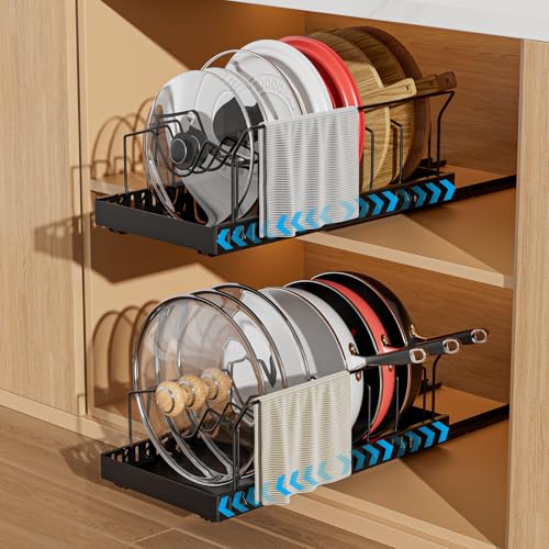 Pull-Out Pots and Pans Organizer, 2 Pack Under Cabinet Pot Lid Holder, Slide Lid Organizers Inside Cabinet, Pot Lid Organizer with 8 Adjustable Dividers & Handle Bracket - Black - color: Black, size: 8 Dividers-2 Pack