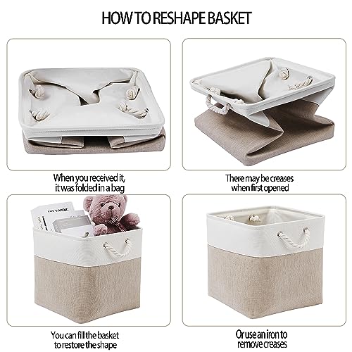 MidmmVick 13 x 13 Inch Cube Storage Bins, 4 Pack Large Collapsible Fabric Storage Bin with Ropes, Foldable Storage Cubes for Home, Office,Closet, Clothes, Toys Organizer (White & Beige) - color: White&Beige-13"x13"x13"